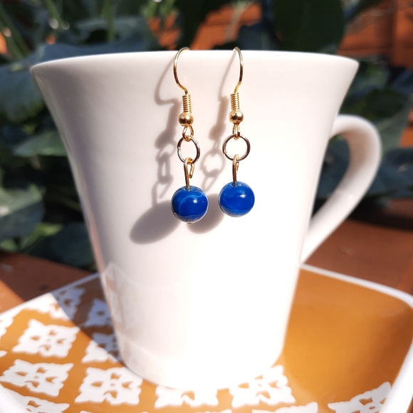 Blue Agate Stone Simple Dangle Gold Earrings - Picture 1 of 4